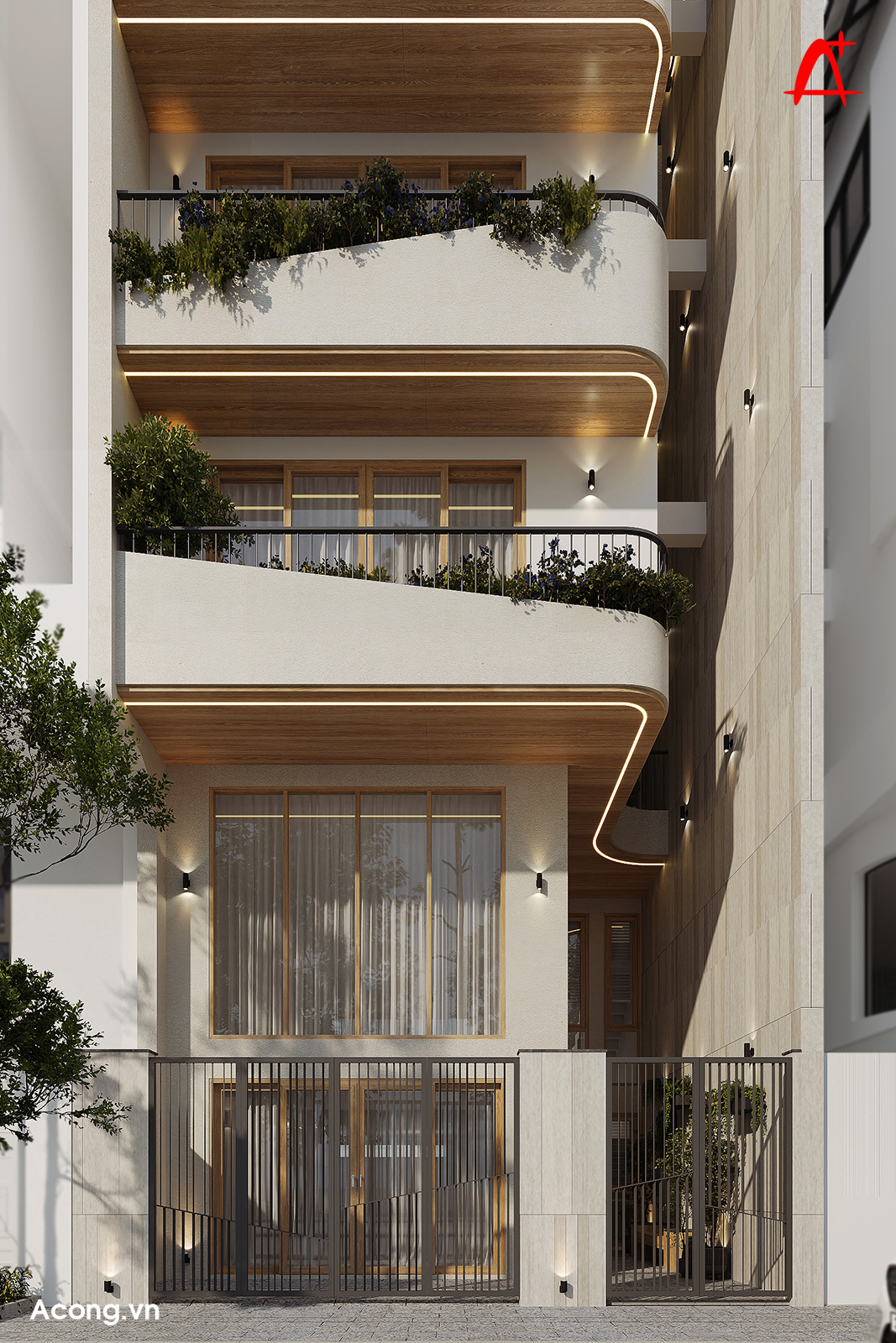 Góc nhìn nhấn mạnh hình khối cong và tỷ lệ tầng, giúp công trình giảm cảm giác cao và nặng của nhà liền kề.